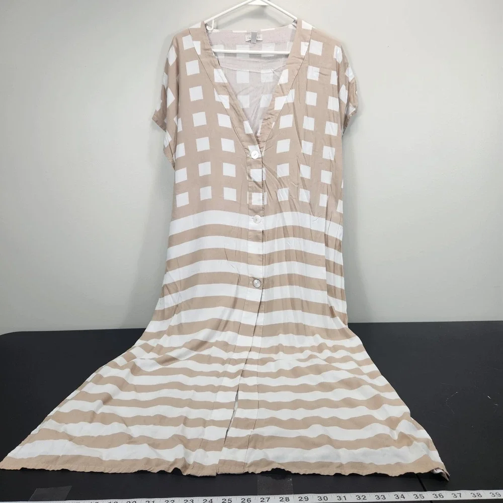 Garnet Hill Tan White Striped Checkered‎ Swim Cover Up Midi Dress Womens Large